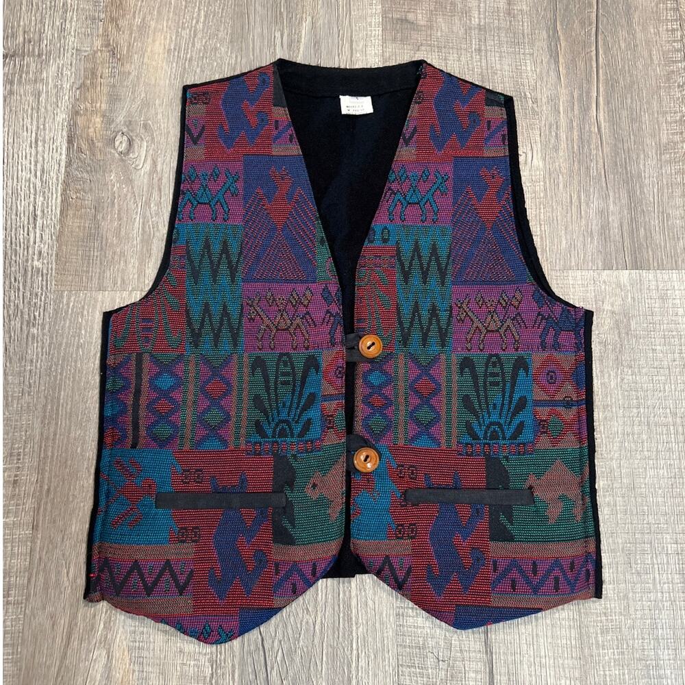 Vintage Womens Size Small Patchwork Aztec Print Vest Tapestry Knit Cottagecore